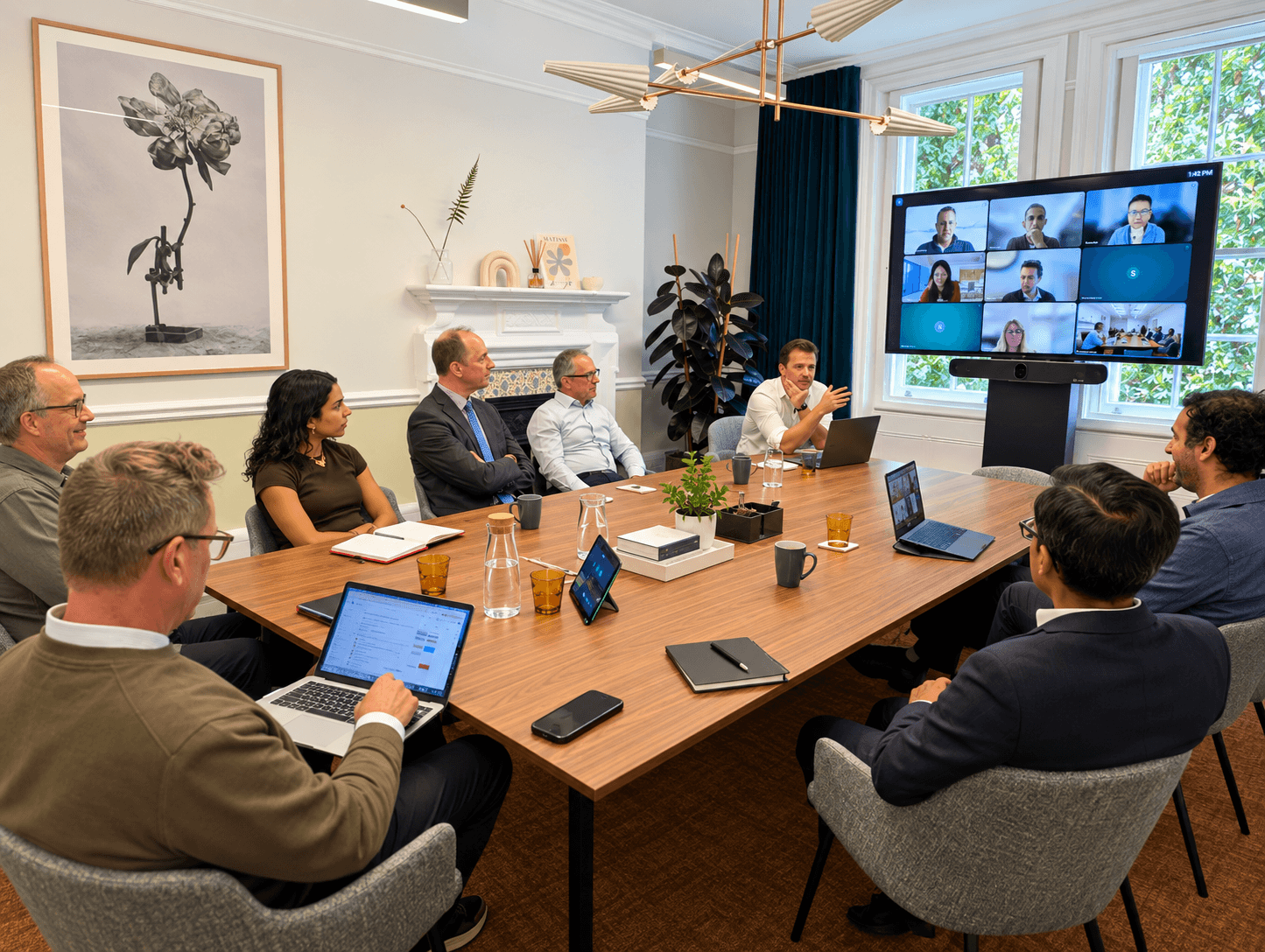 Compliance leaders in a hybrid meeting around a conference table