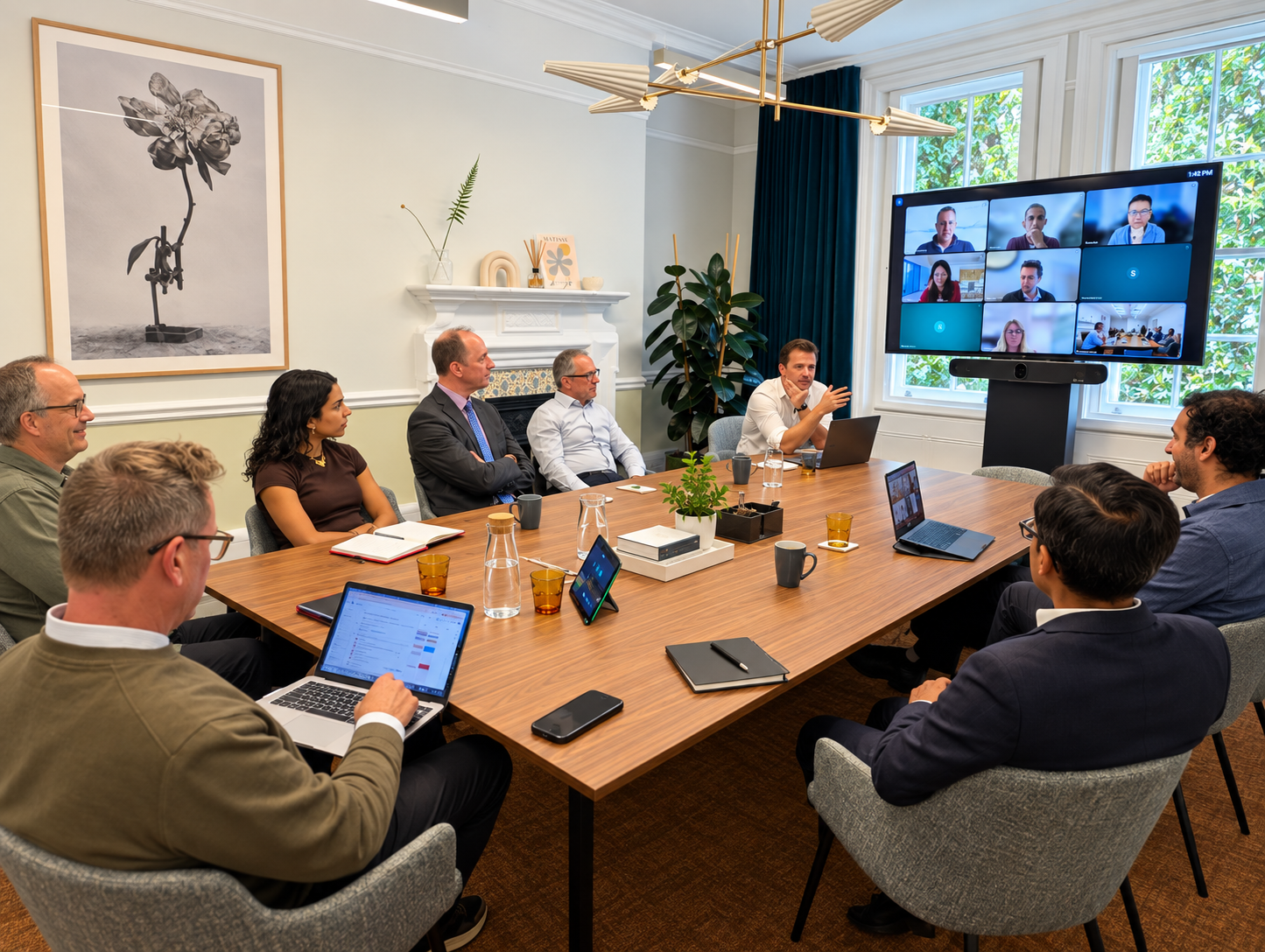 Compliance leaders in a hybrid meeting around a conference table