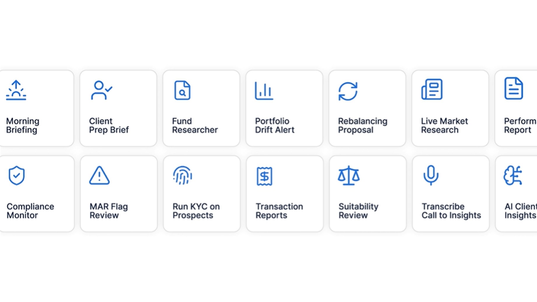 WealthAi workflows, including Morning Briefing, Client Prep Brief, Portfolio Drift Alert, Rebalancing Proposal, Compliance Monitor, Run KYC on Prospects and Suitability Review.
